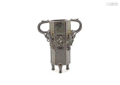 A bronze hexagonal reticulated vase,Yuan/Early Ming Dynasty