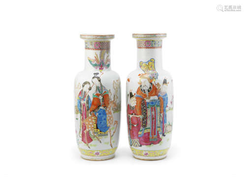 A large pair of famille rose rouleau vases,19th century