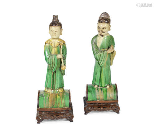 A pair of sancai glazed figural roof tiles,Ming Dynasty
