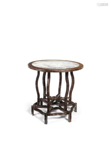 A marble-inset circular hardwood bamboo-form table,20th century