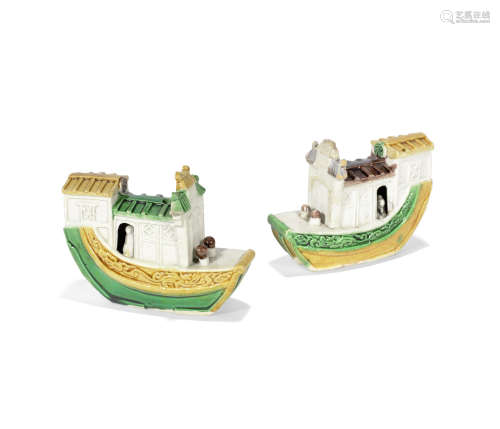 An associated pair of sancai glazed biscuit models of junks,Kangxi