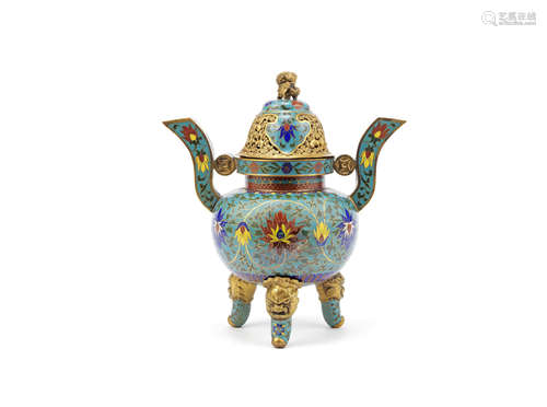 A small cloisonné tripod incense burner and cover,Late Qing Dynasty