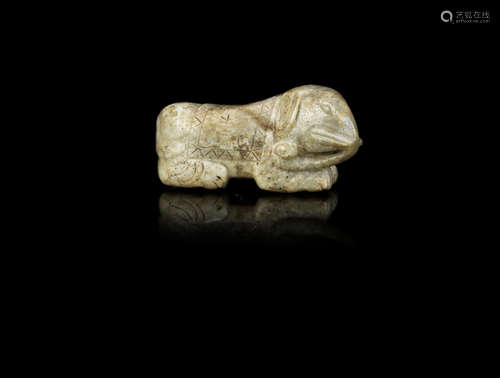 A mottled green and cream jade carving of an elephant,Possibly Ming Dynasty