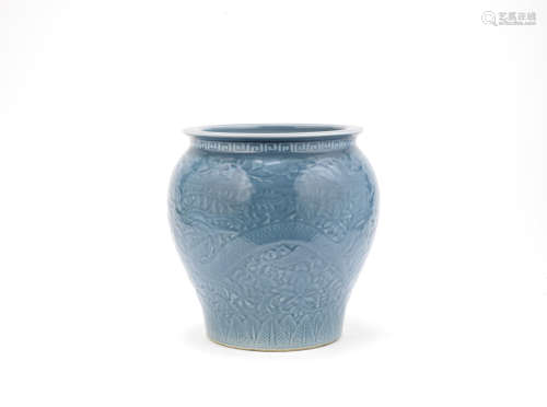 A carved and blue-glazed 'dragon and phoenix' baluster jar,Qing Dynasty