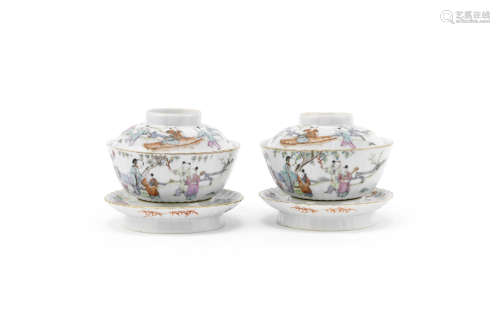 A pair of famille rose bowls, covers and stands,Tongzhi seal marks, 19th century