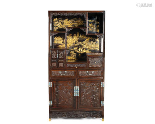 A large probably zitan and gilt-lacquered cabinet,20th century