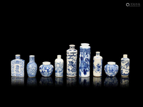 Nine blue and white soft paste porcelain snuff bottles,19th/20th century