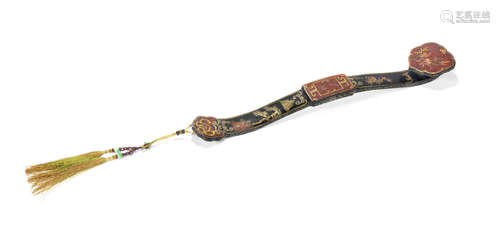 A lacquered gilt-painted wood ruyi sceptre,Qianlong six-character mark, Qing Dynasty