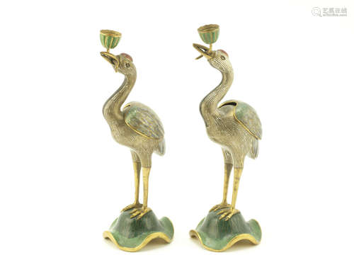 A pair of crane-form cloisonné enamel incense burners,19th century