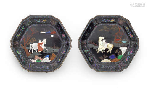 A pair of hexagonal lac-burgauté and hardstone-inlaid dishes,The dishes 17th century, some inlay later