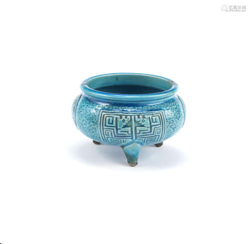 A turquoise-glazed tripod incense burner,Kangxi six-character mark and possibly of the period