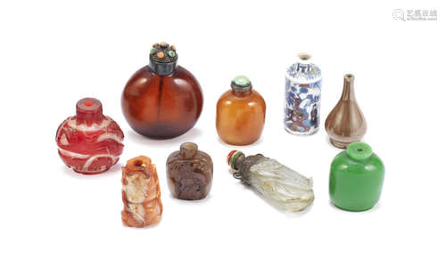 A group of glass, hardstone and porcelain snuff bottles,Late Qing Dynasty