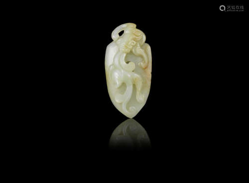 A pale green and russet jade 'chilong' pendant,Probably 17th/18th century