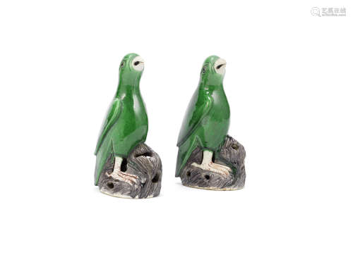 A pair of famille verte biscuit models of parrots,Kangxi