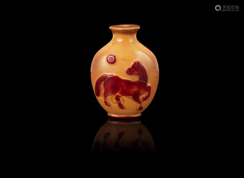 A red overlay simulated-realgar 'horse and qilin' snuff bottle,19th century