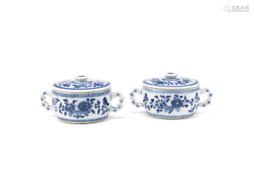 A pair of blue and white handled jars and covers,18th century