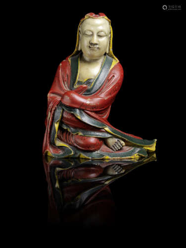 A DOCUMENTARY PAINTED SOAPSTONE FIGURE OF A LUOHAN,Cyclically dated to Renwu year, corresponding to AD1622 or 1682 and of the period