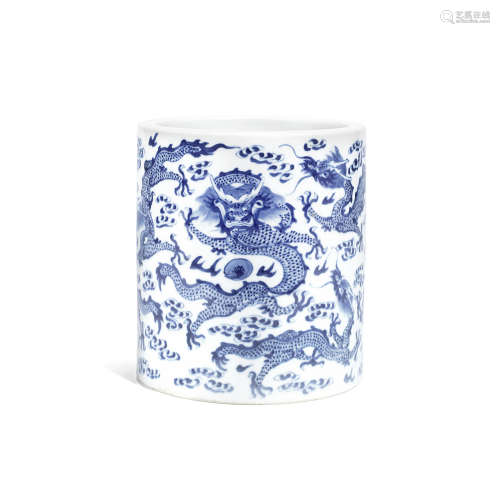 A blue and white 'nine dragons' brush pot,Chenghua four-character mark, Qing Dynasty