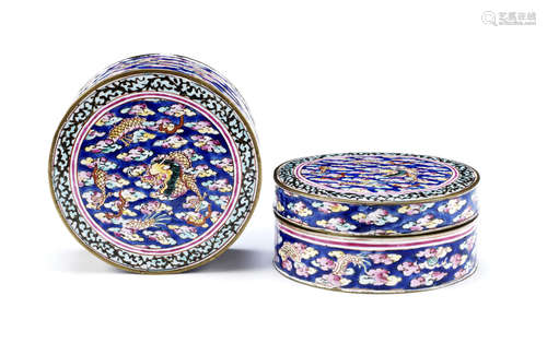 A pair of painted enamel circular boxes and covers,18th/19th century