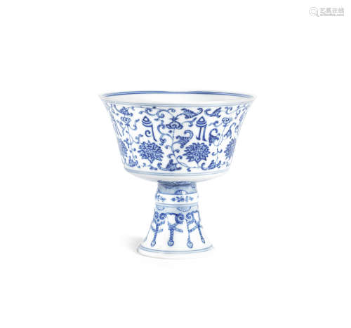 A blue and white 'lanca character' stem cup,Daoguang six-character mark and of the period