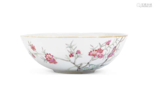 A famille rose 'prunus and magpie' bowl,Qinghua Zhenpin four-character mark, Republic Period