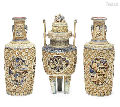 A set of three carved polychrome ivory altar vessels,19th century
