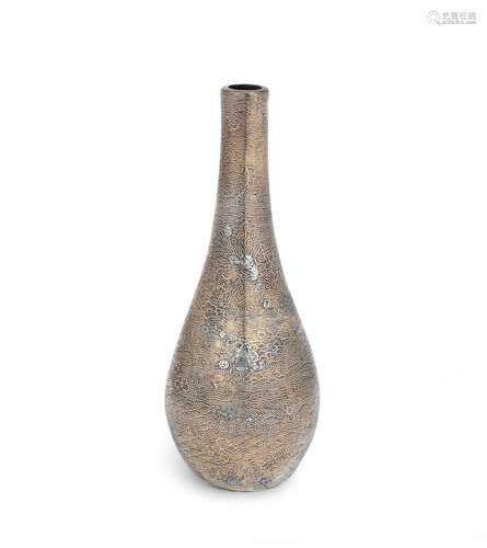 A Korean silver-inlaid copper bottle vase,Four-character seal mark, Joseon Dynasty