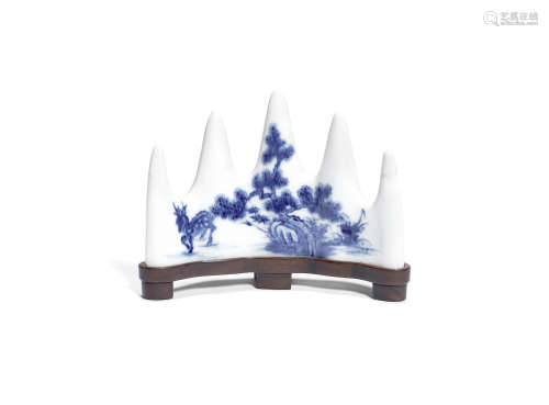 A blue and white 'mountain' brush rest,Qianlong