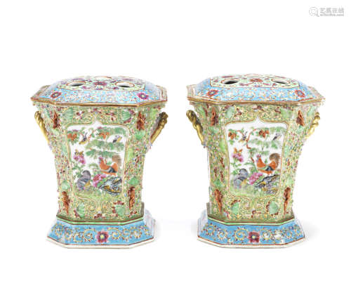 A pair of Canton famille rose bough pots and covers,19th century