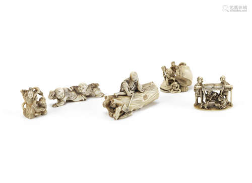 A group of four ivory okimono and an okimono-style netsuke,Early 20th century