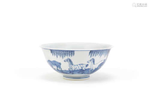 A blue and white 'eight horses' bowl,Qianlong seal mark and possibly of the period