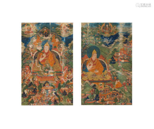 西藏十八世纪 三世及七世达赖喇嘛像 一组两幅