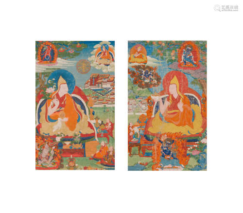 西藏约1900年 四世及五世达赖喇嘛像 一组两幅