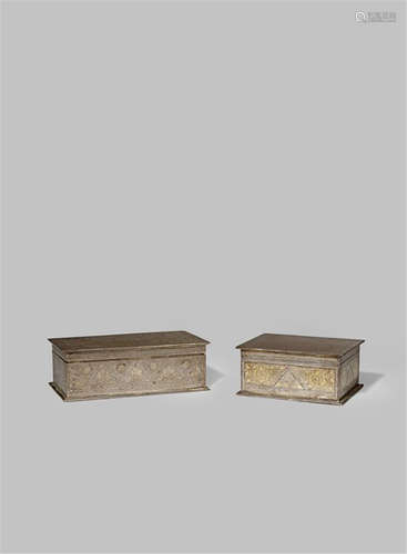 TWO SPANISH DAMASCENED IRON CASKETS 19TH CENTURY