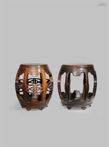 TWO CHINESE BARREL-SHAPED HARDWOOD STOOLS QING DYNASTY