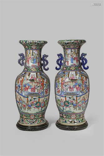 A PAIR OF LARGE CHINESE CANTON FAMILLE ROSE CELADON GROUND VASES 19TH CENTURY