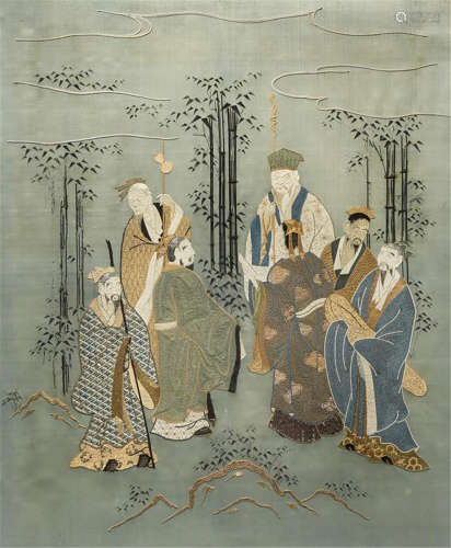 A CHINESE EMBROIDERY ON SILK OF SCHOLARS IN A BAMBOO GROVE QING DYNASTY