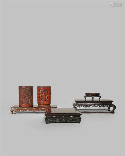 TWO CHINESE BAMBOO BRUSH POTS AND FOUR STANDS 19TH/20TH CENTURY