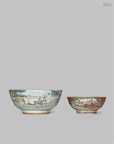 TWO CHINESE FAMILLE ROSE 'HUNTING' BOWLS 2ND HALF 18TH CENTURY