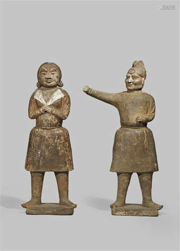A PAIR OF CHINESE POTTERY FIGURES YUAN DYNASTY 1279-1368