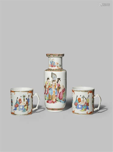 A PAIR OF CHINESE FAMILLE ROSE CYLINDRICAL MUGS LATE 18TH CENTURY