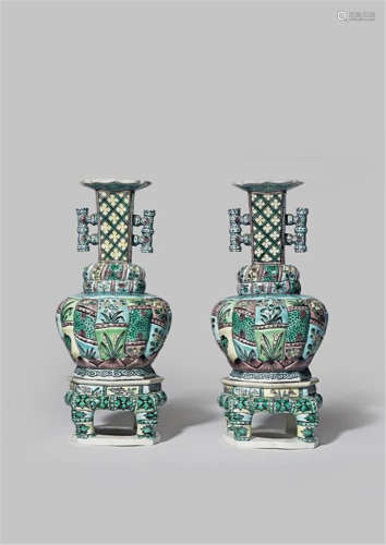 A PAIR OF CHINESE FAMILLE VERTE VASES AND STANDS 19TH CENTURY