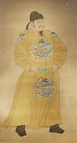 A CHINESE PORTRAIT ON SILK OF THE TANG TAIZONG EMPERO RPROBABLY QING DYNASTY