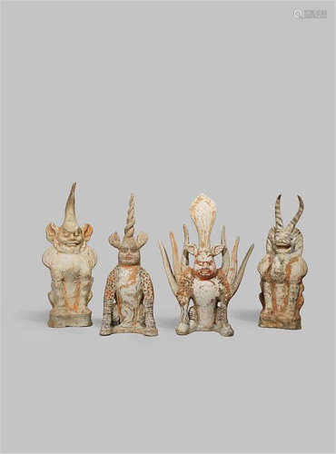 FOUR CHINESE POTTERY EARTH SPIRITS TANG DYNASTY 618-907 AD