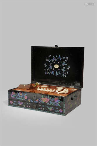 A RARE CHINESE LACQUE BURGAUTÉ RECTANGULAR SEWING BOXEARLY 19TH CENTURY