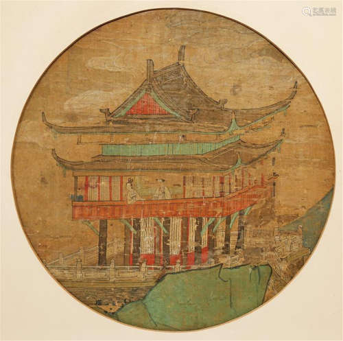 A CHINESE PAINTING ON SILK OF A PAVILION SONG/MING DYNASTY