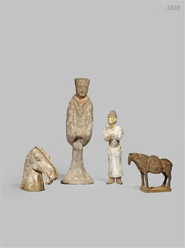 FOUR CHINESE POTTERY FIGURES HAN-TANG DYNASTIES