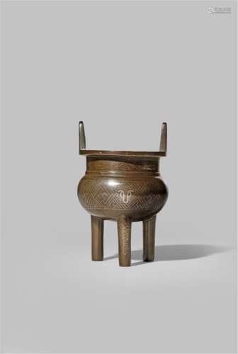 A SMALL CHINESE BRONZE TRIPOD INCENSE BURNE PROBABLY LATE QING DYNASTY