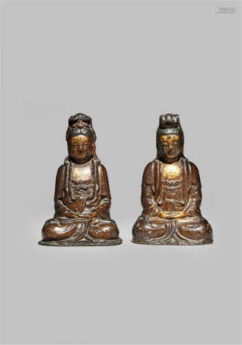 TWO CHINESE LACQUERED AND GILT BRONZE FIGURES OF GUANYIN LATE MING DYNASTY