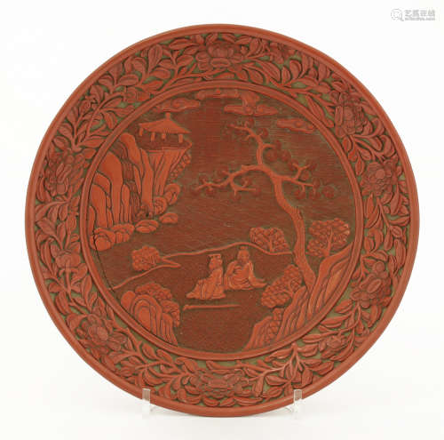 十五/十六世纪(可能) 剔红雕漆松下高士图盘